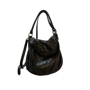 Margot Black Leather Hobo Bag‎ With Tassel Accent & Adjustable Strap